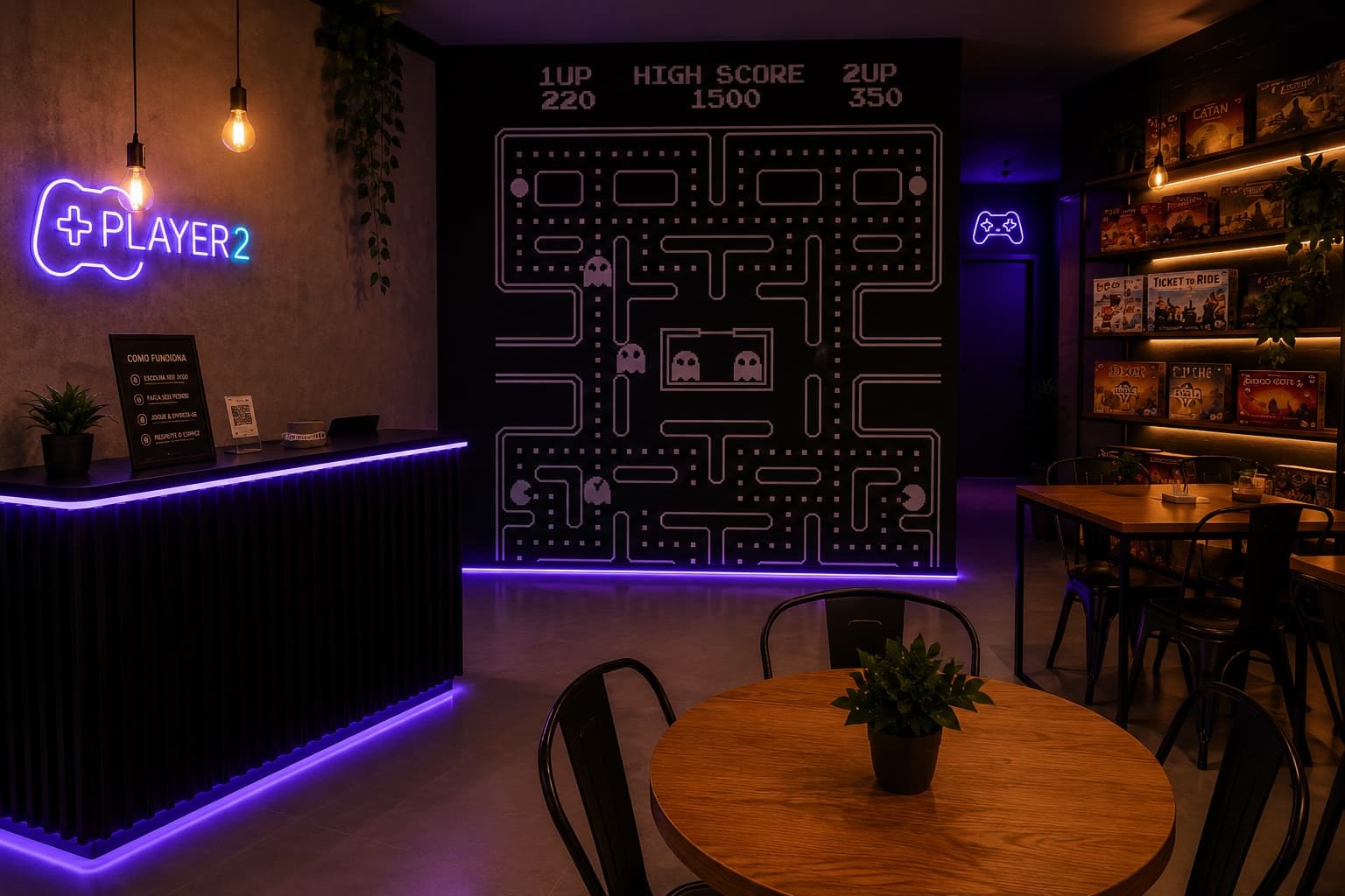 Entrada do espaço Player 2 com iluminação neon